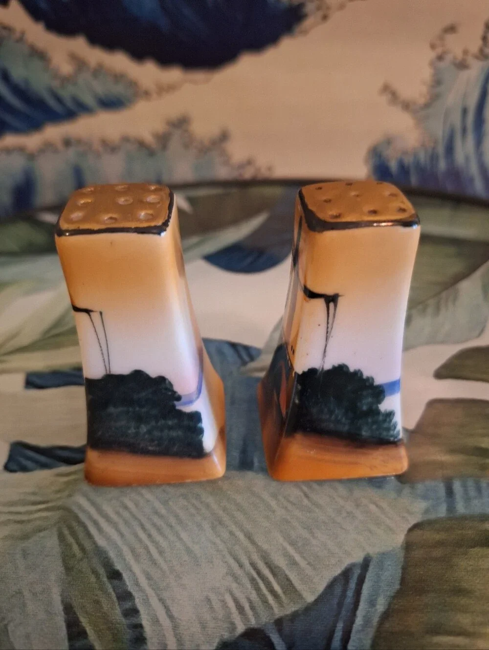 1970s Lusterware Hand-Painted Windmill Salt & Pepper Shakers - Brown & Blue